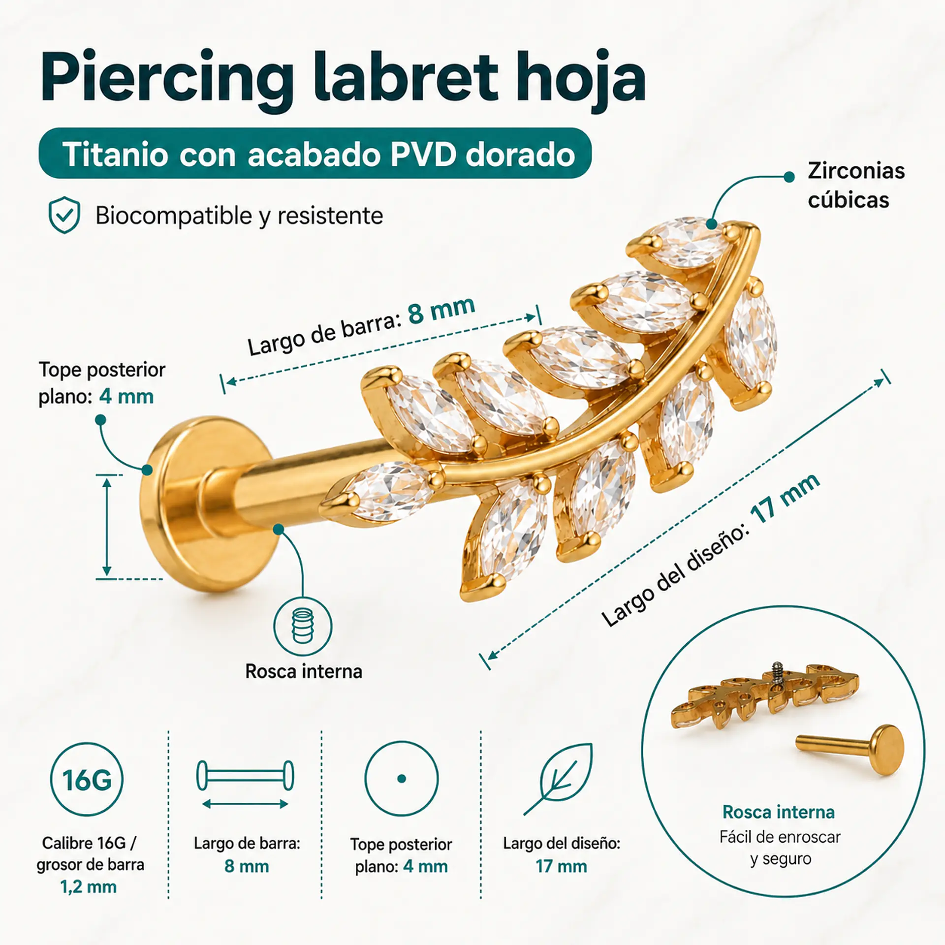 Piercing Helena labret 8mm 16G zirconias Titanio PVD 3