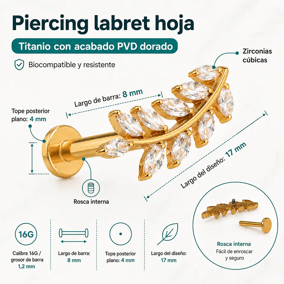 Piercing Helena labret 8mm 16G zirconias Titanio PVD 3