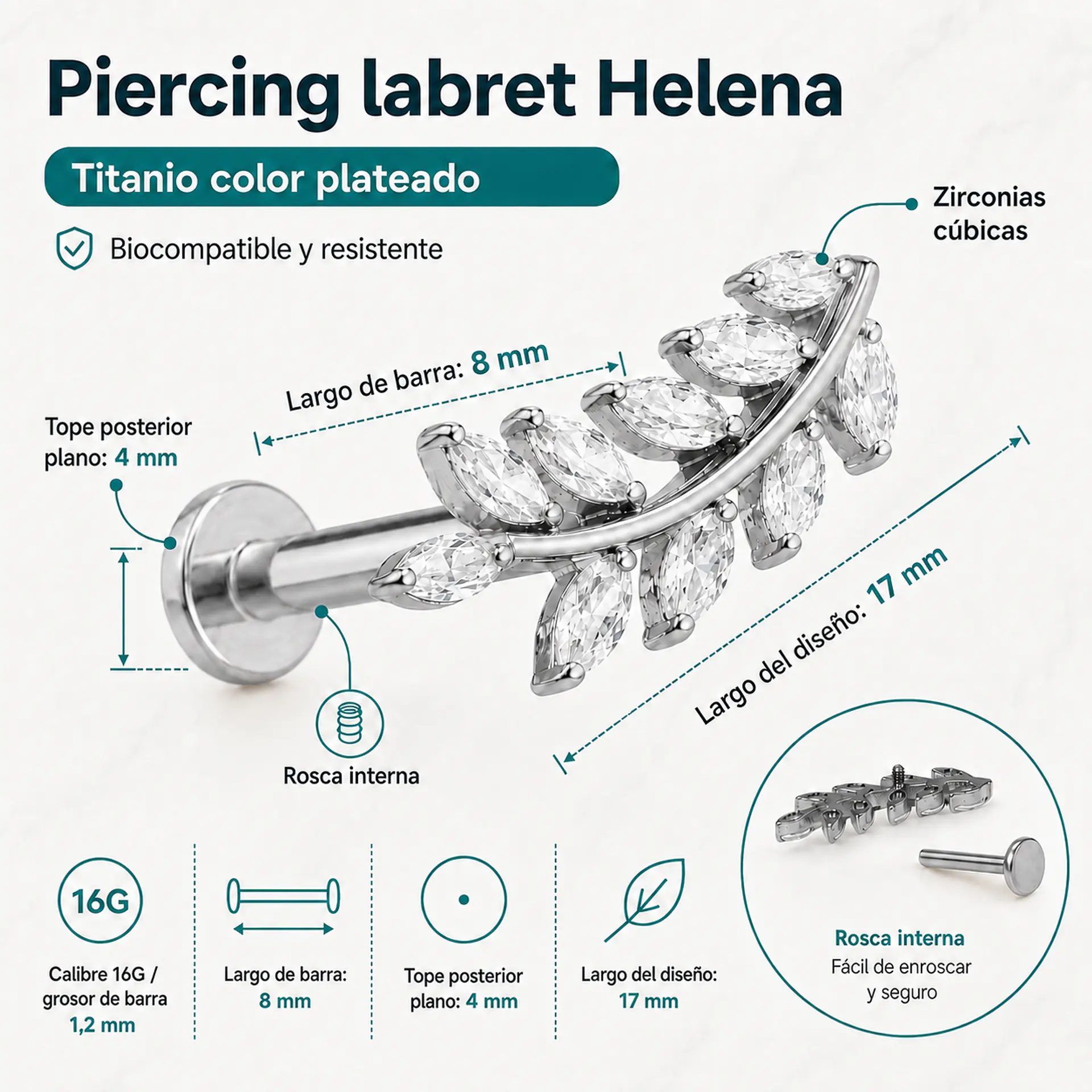 Piercing Helena labret 8mm 16G zirconias Titanio plateado 3