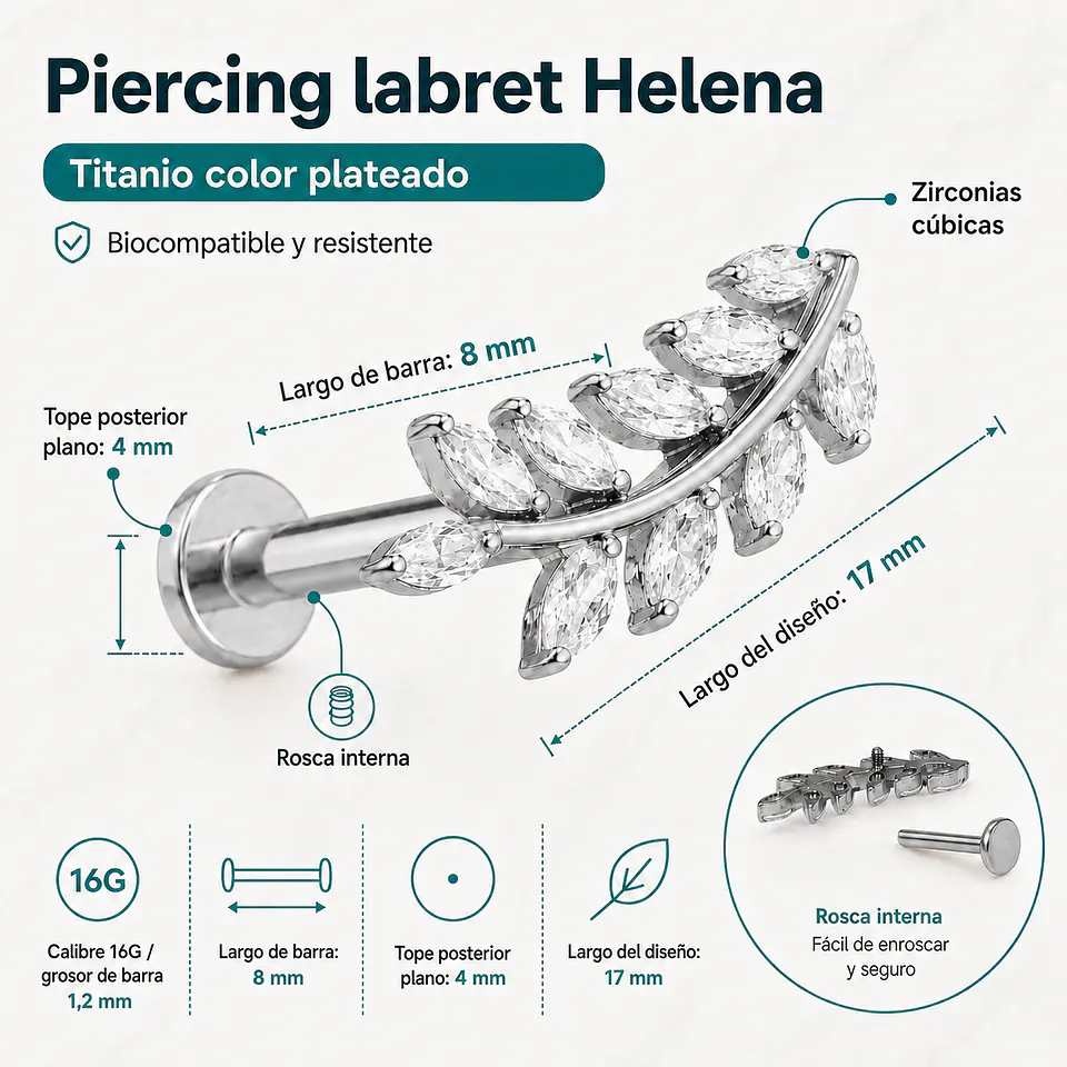 Piercing Helena labret 8mm 16G zirconias Titanio plateado 3