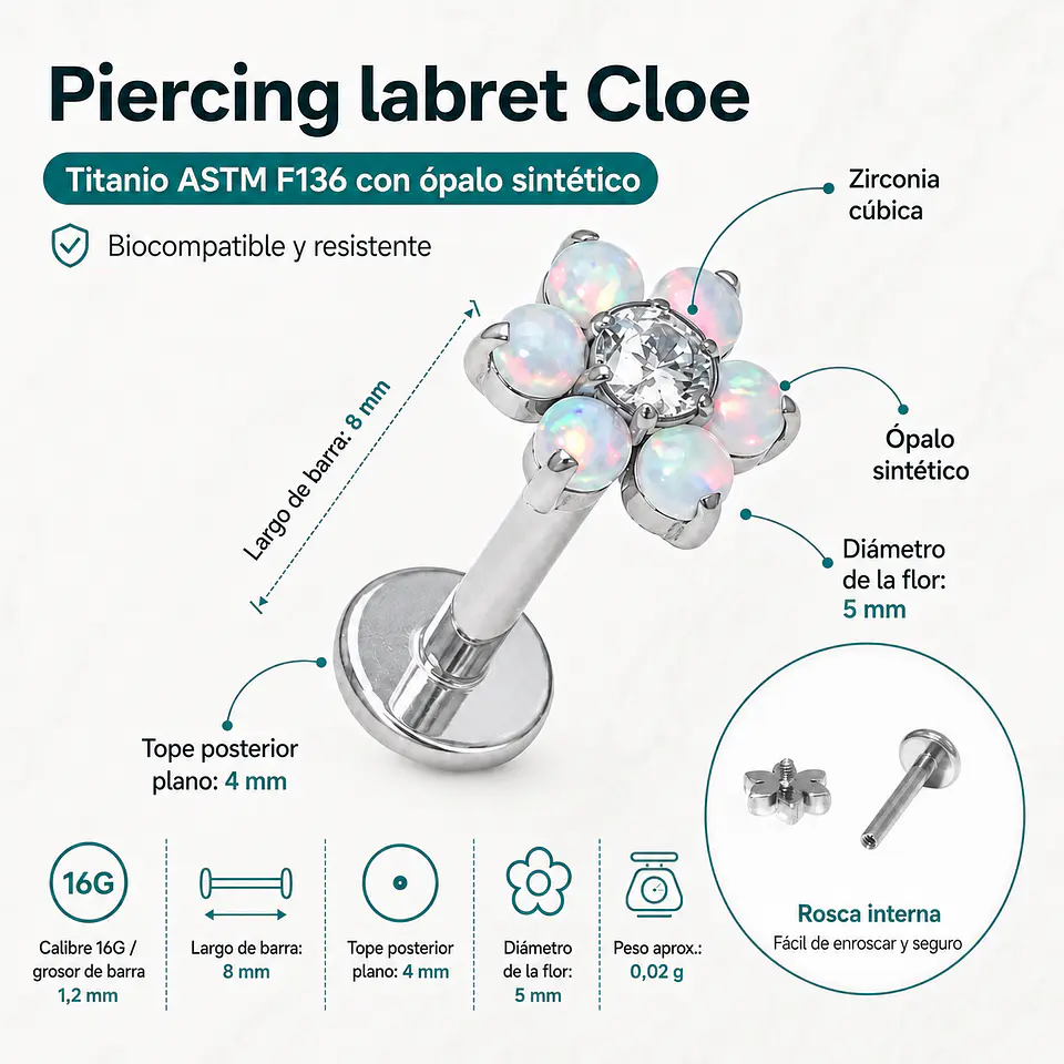 Piercing labret Cloe opalo zirconia 8mm titanio F136 3