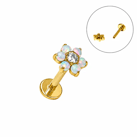  Piercing labret Cloe opalo zirconia 8mm titanio F136 PVD oro 18k