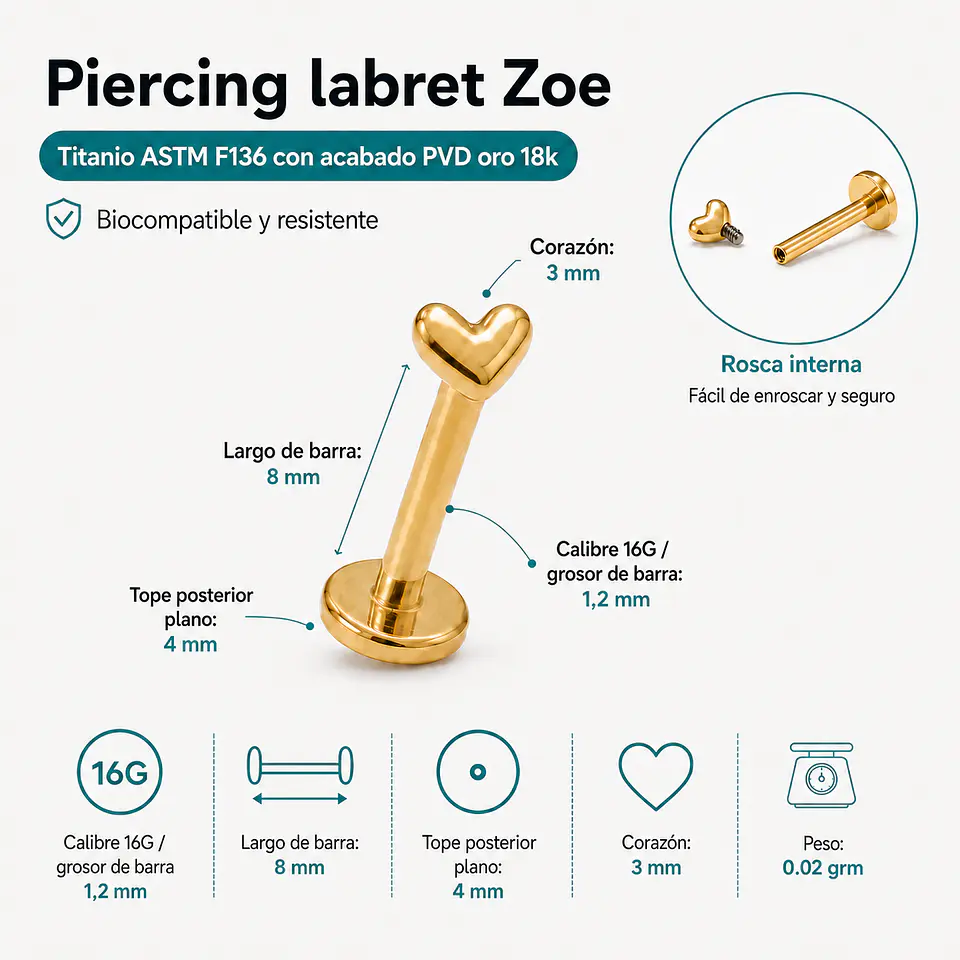 Piercing labret Zoe titanio F136 8mm 16G PVD Oro 18k 3