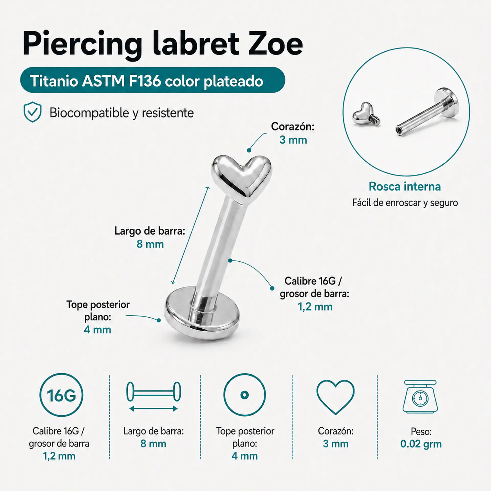 Piercing labret Zoe titanio F136 8mm 16G plateado 3