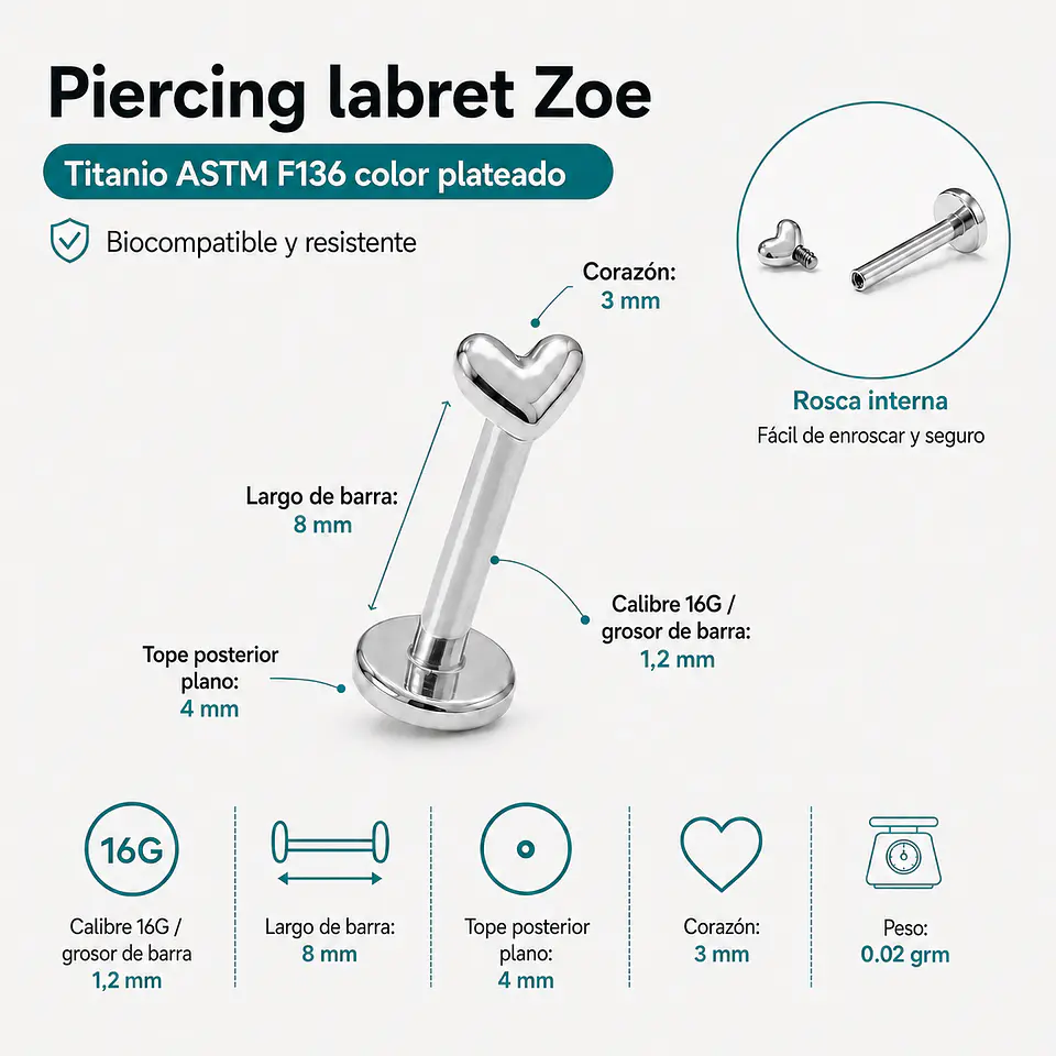 Piercing labret Zoe titanio F136 8mm 16G plateado 3