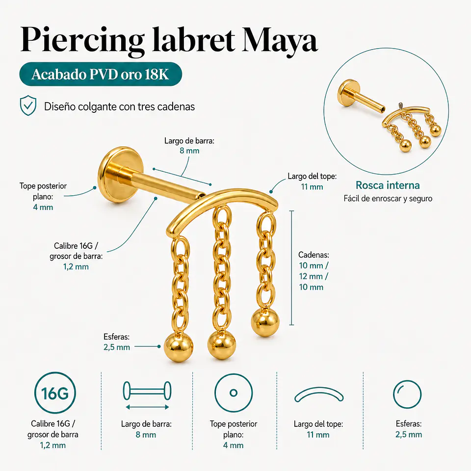 Piercing labret Maya 8mm 16G titanio PVD 18K 3