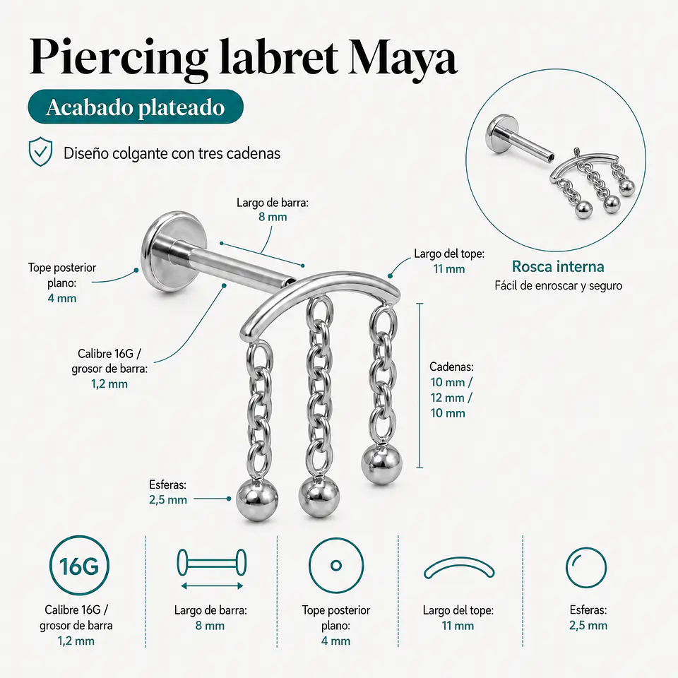 Piercing labret Maya 8mm 16G titanio ASTM F136 3