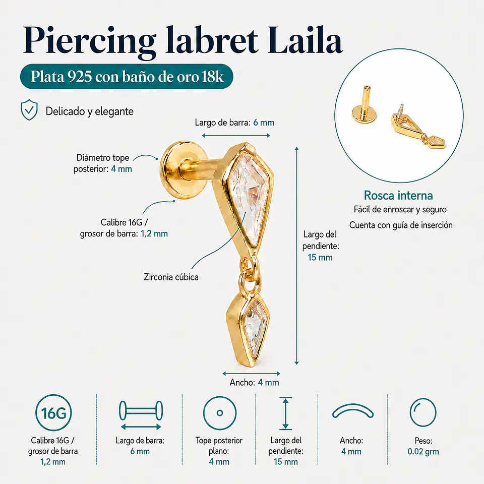 Piercing labret Laila 6mm 16G plata 925 bañado oro 18k 3