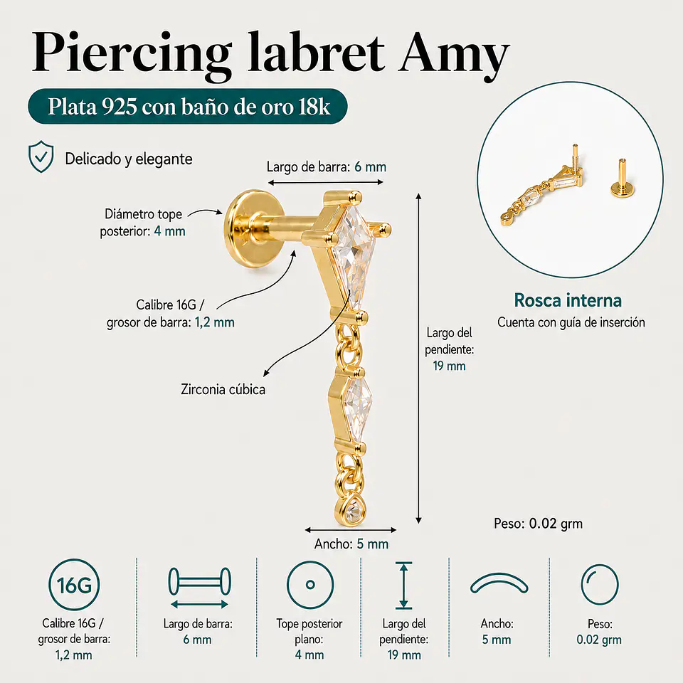 Piercing labret Amy 6mm 16G plata 925 bañado oro 18k 3