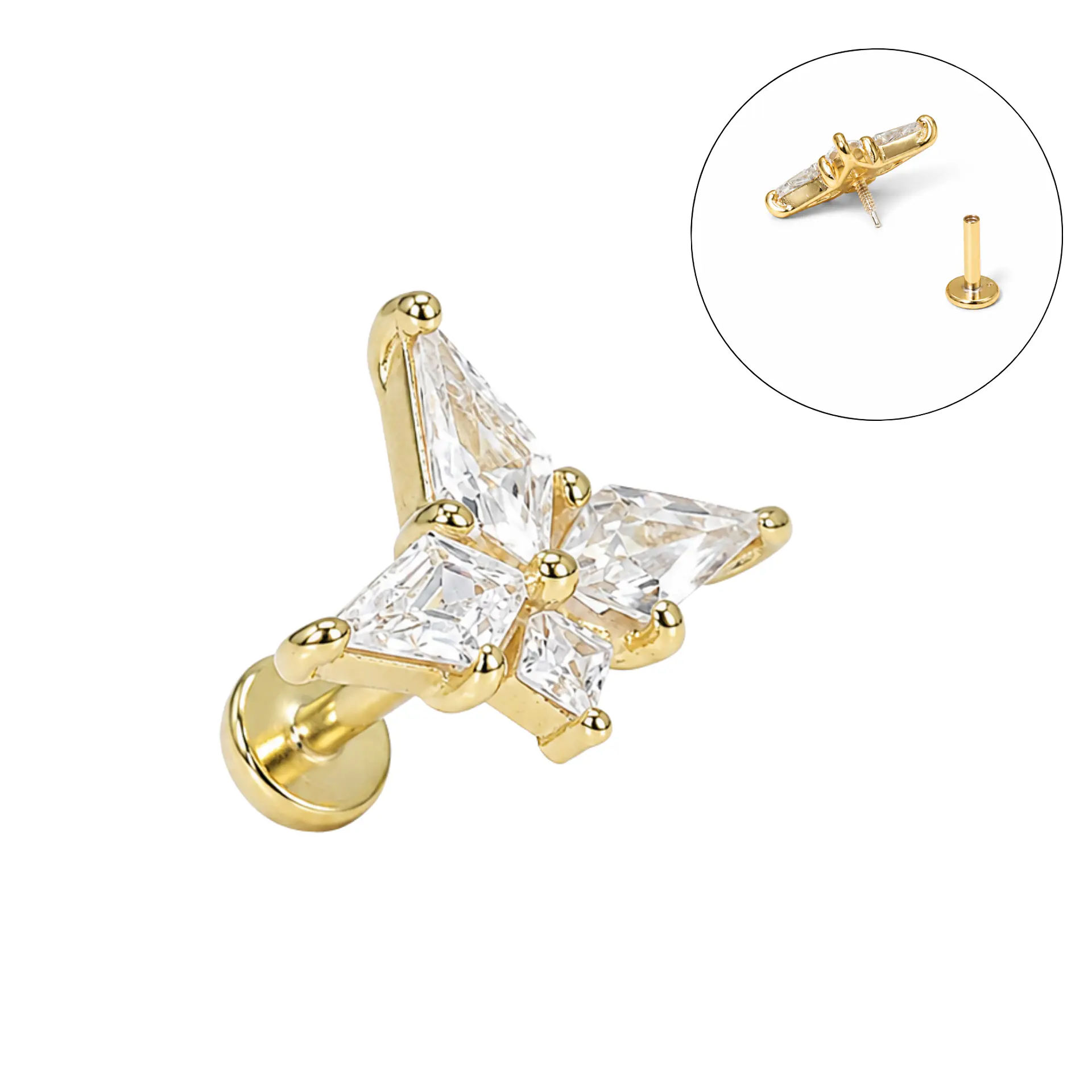 Piercing labret Abby plata 925 6mm 16G bañada en oro 18K  1