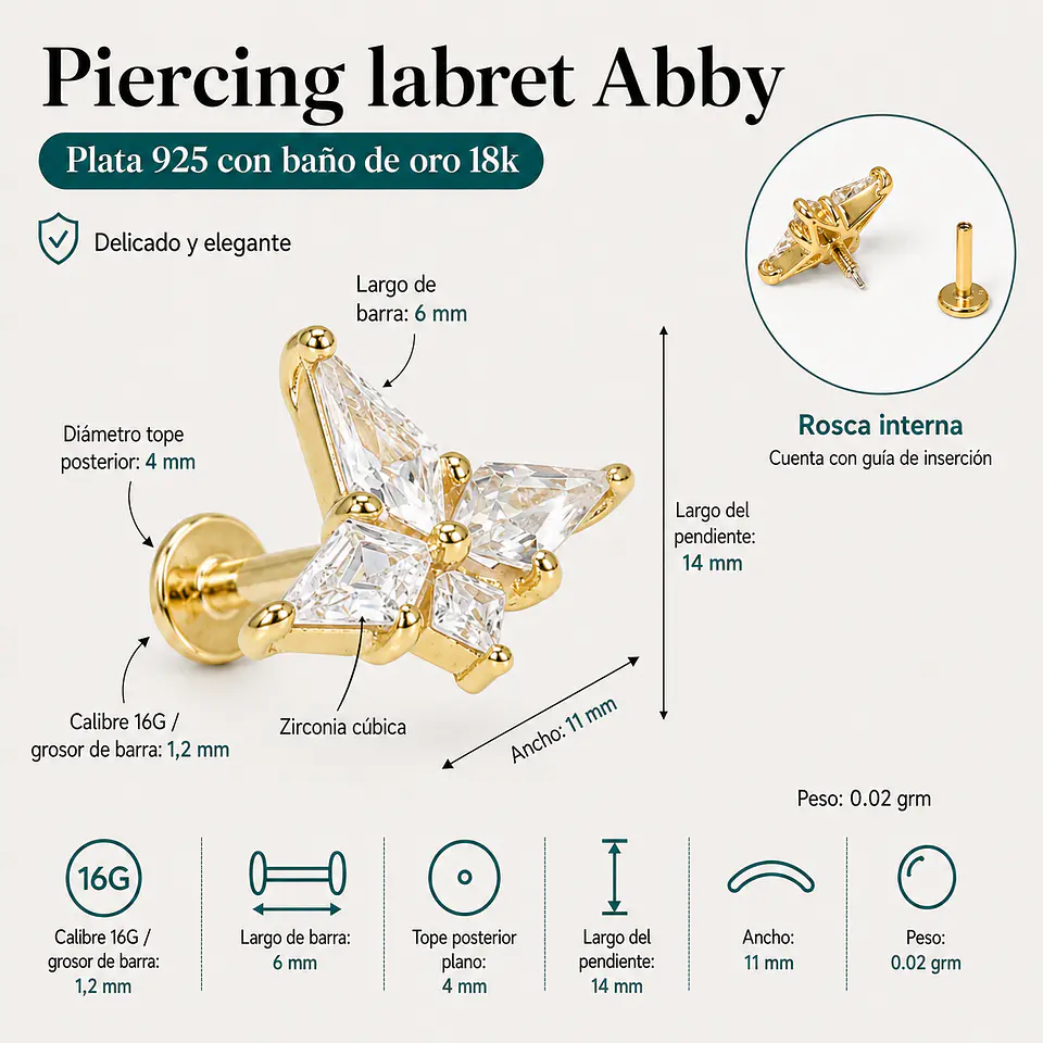 Piercing labret Abby plata 925 6mm 16G bañada en oro 18K  4