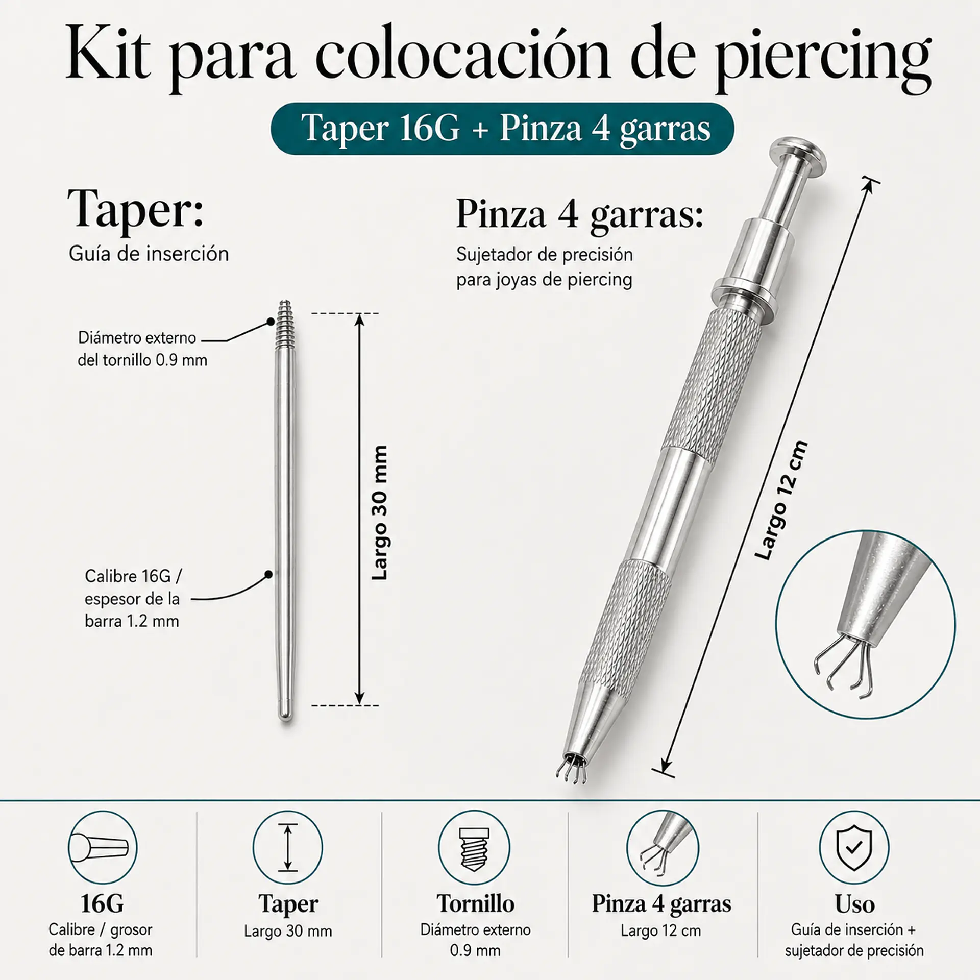 Kit Profesional Juma PRO 16G para Cambiar Piercing Guía de Insercion + Pinza de Precision 2