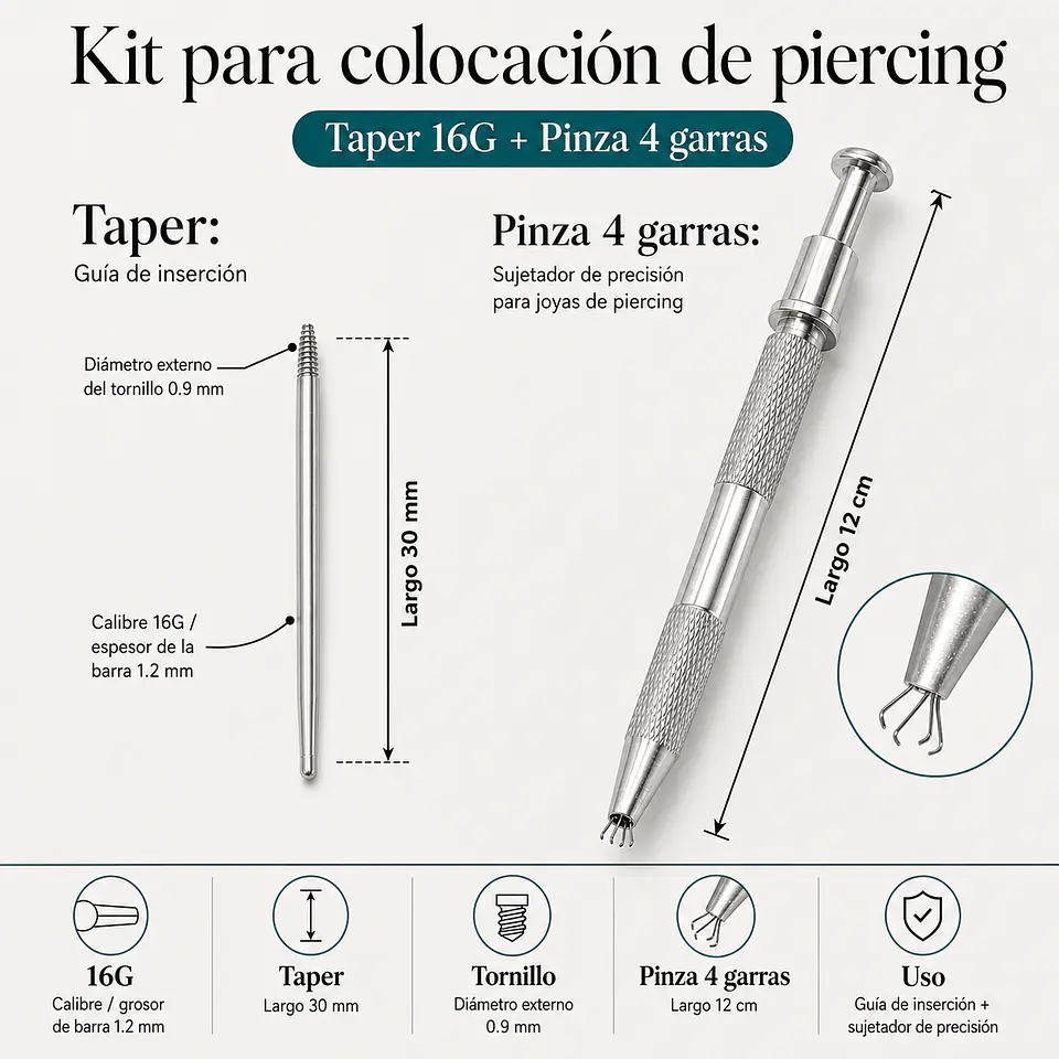 Kit Profesional Juma PRO 16G para Cambiar Piercing Guía de Insercion + Pinza de Precision 2