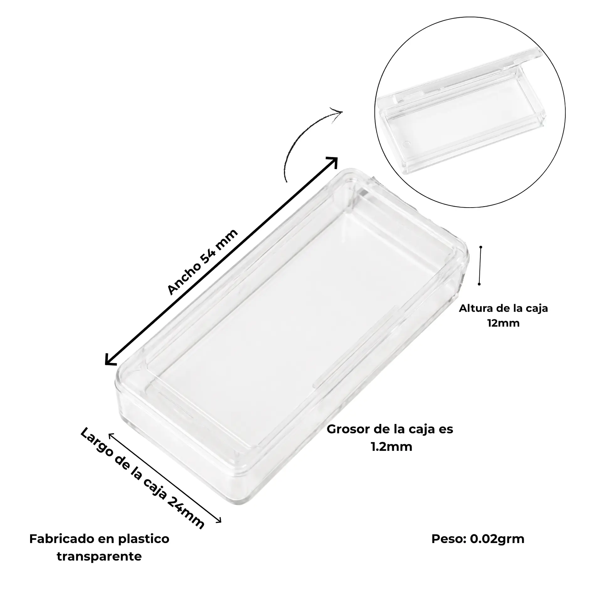 Pack de 12 cajas plasticas transparentes 54x24 mm almacenaje 2