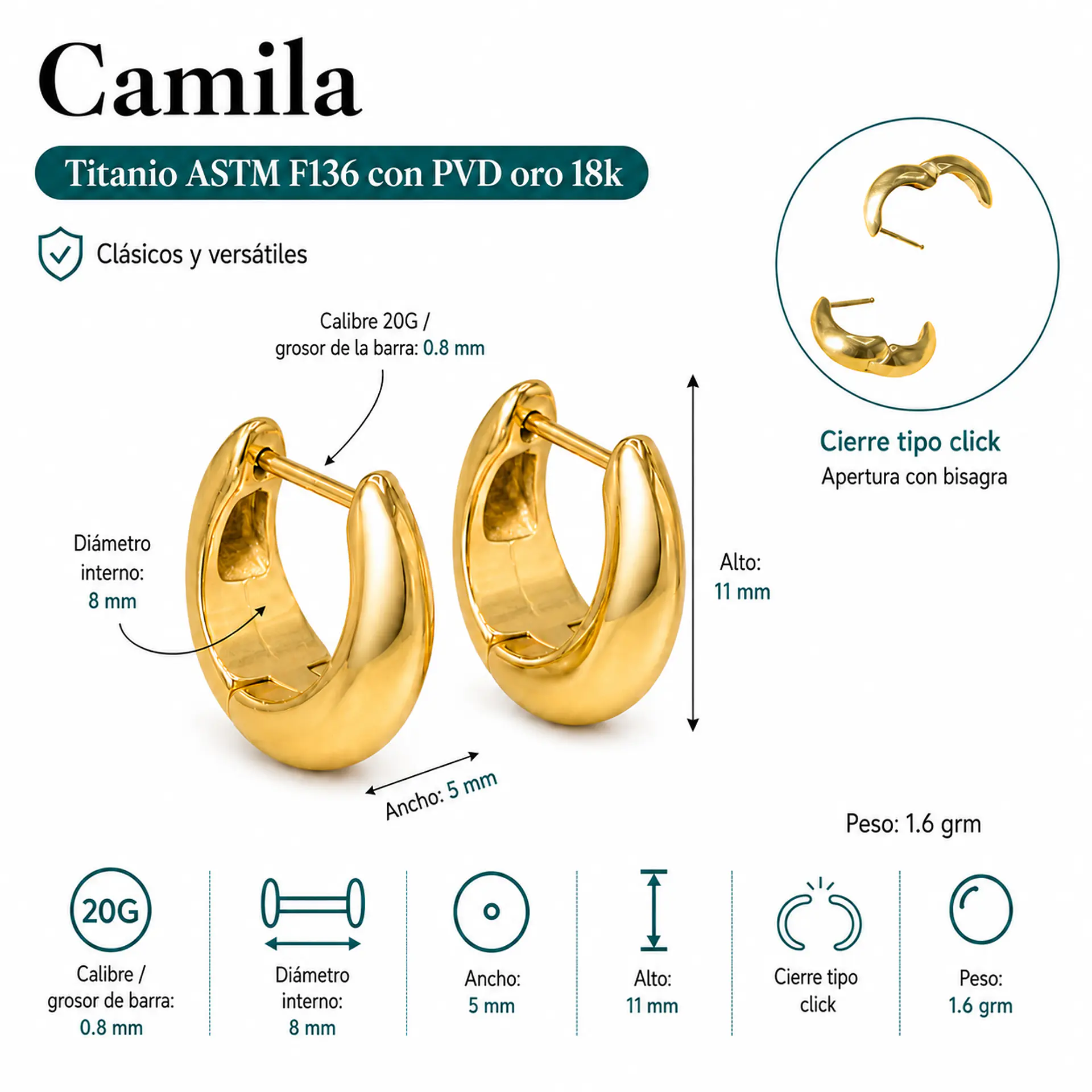Argollas Camila chunky 20G 8MM titanio PVD oro 18 ASTM F136 3