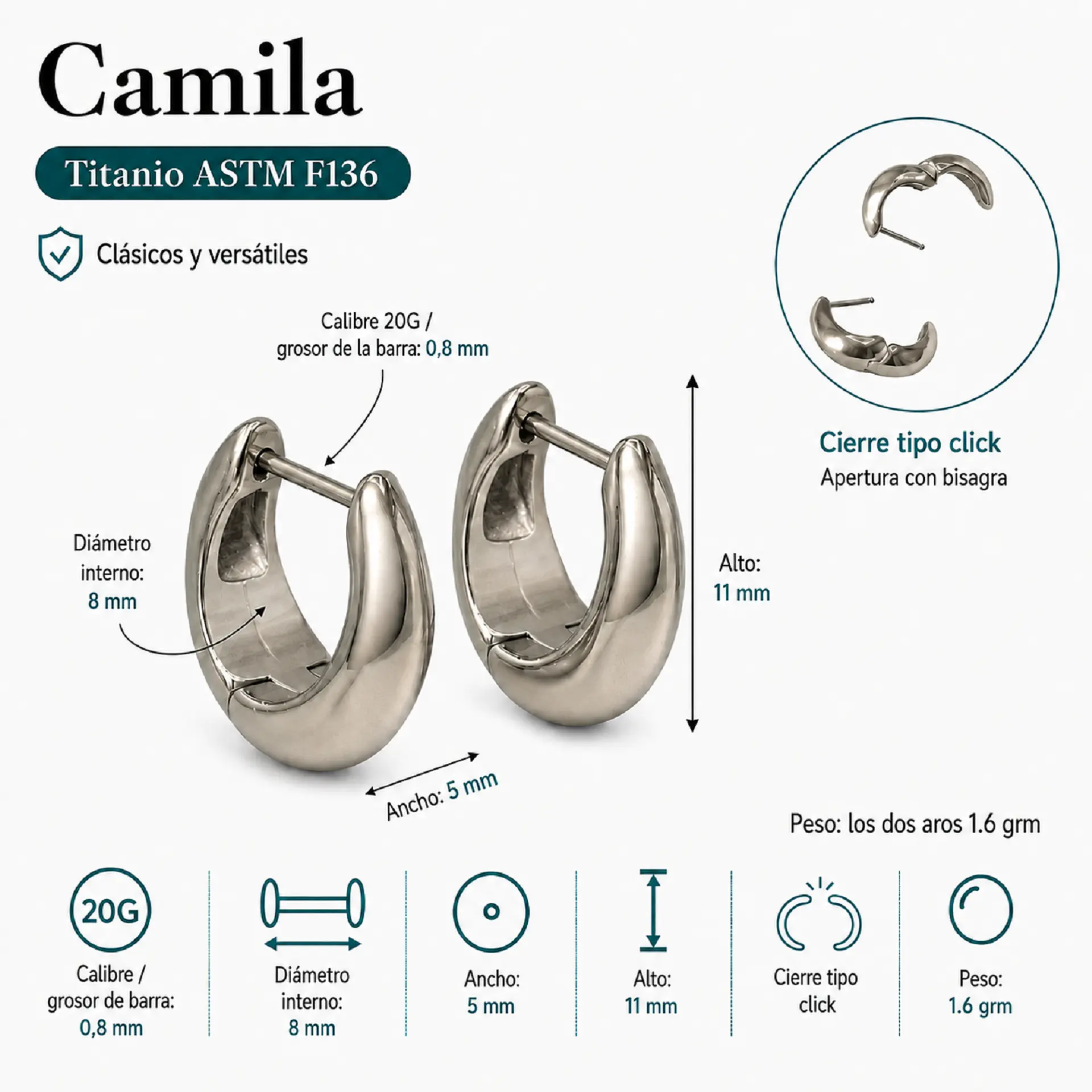 Argollas Camila chunky 20G 8MM titanio ASTM F136 3