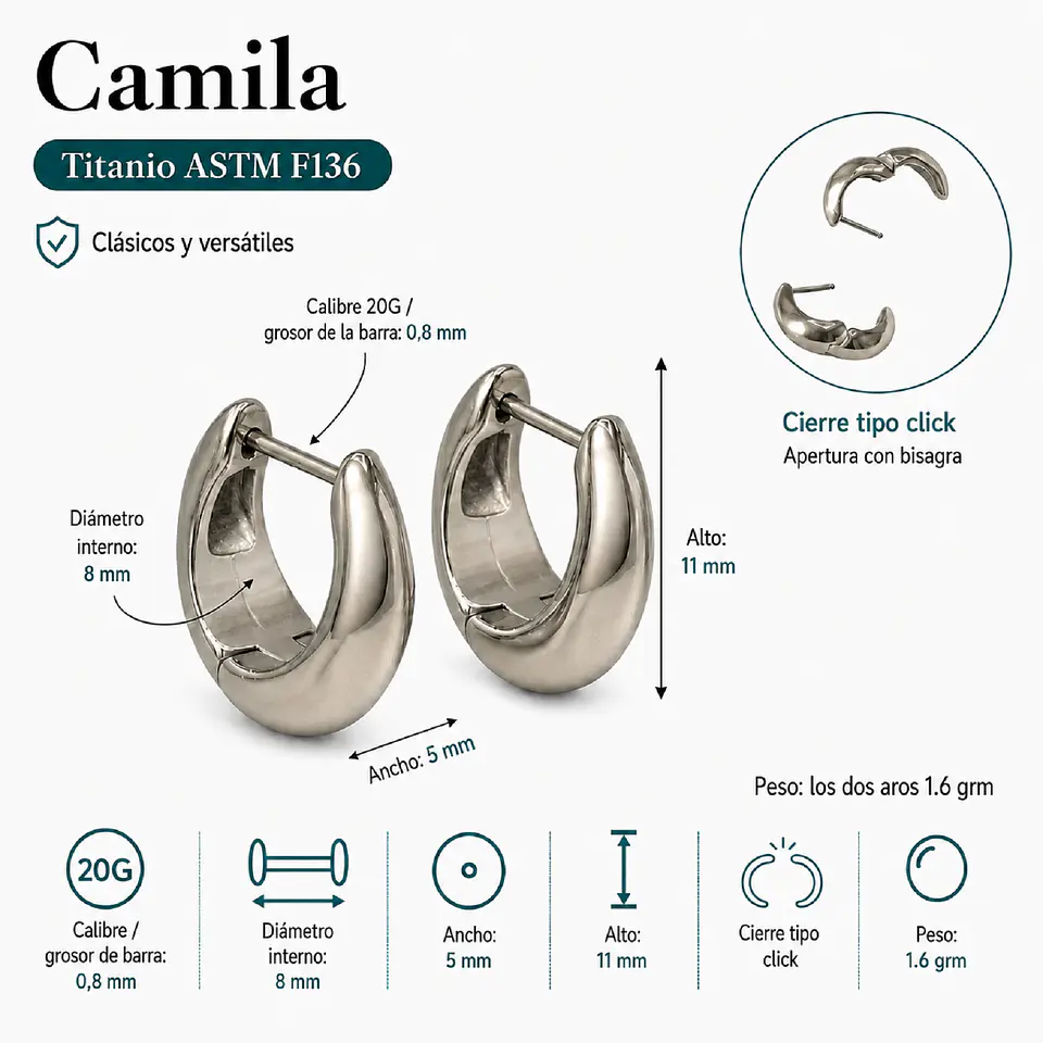 Argollas Camila chunky 20G 8MM titanio ASTM F136 3