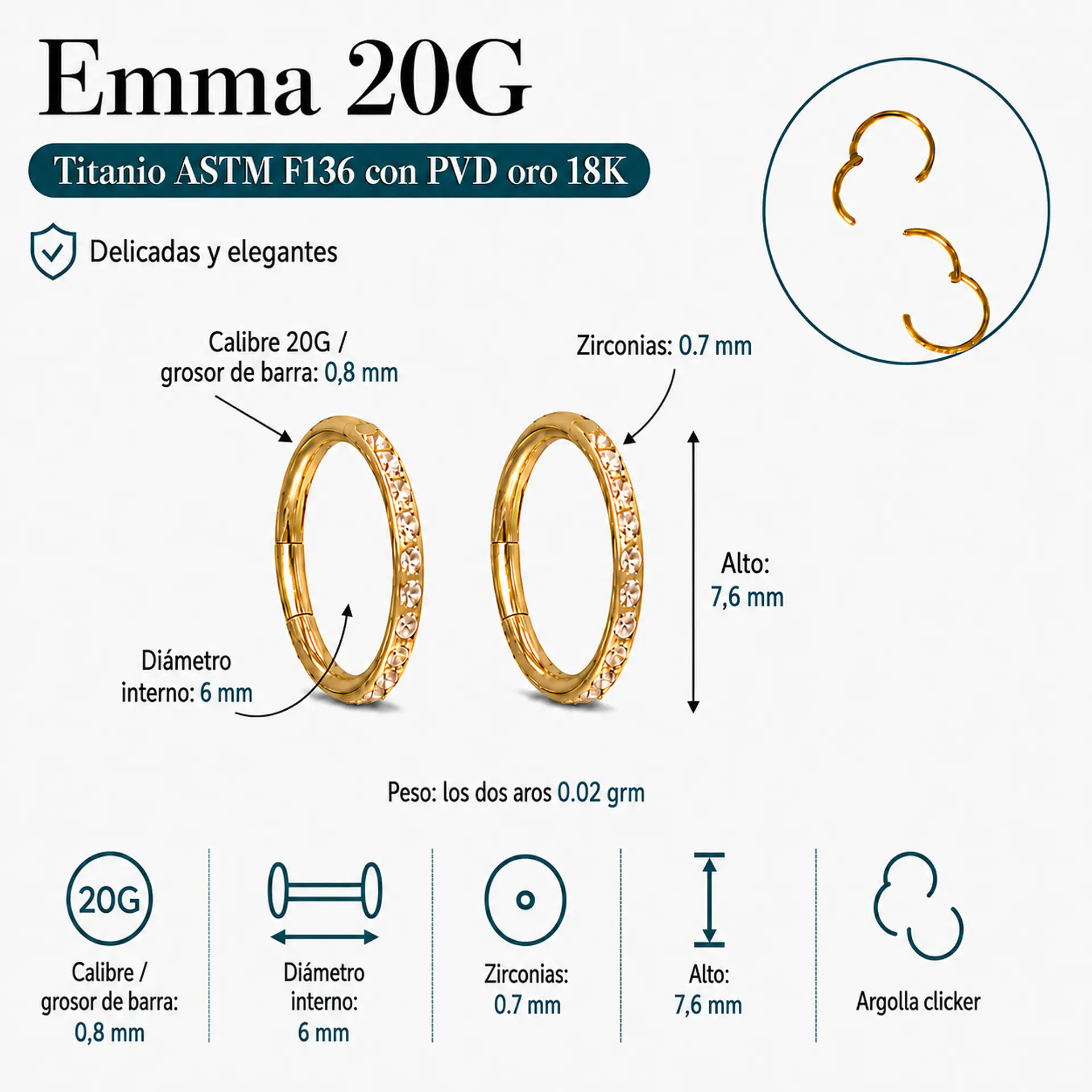 Argollas Emma 20G 6mm zirconias titanio PVD oro 18k 3