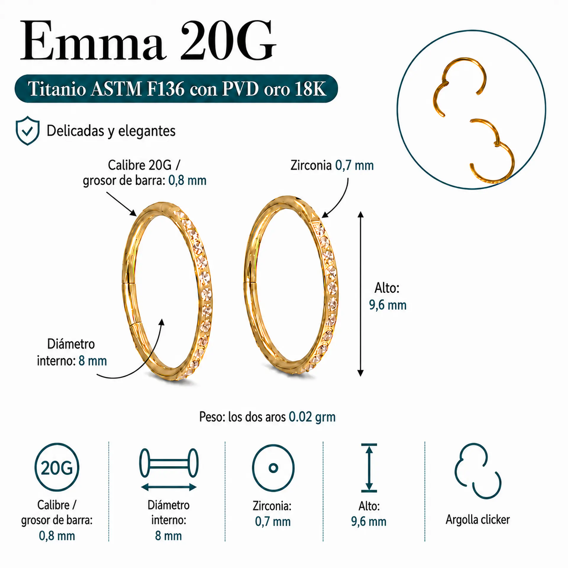 Argollas Emma 20G 8mm zirconias titanio PVD oro 18k 3