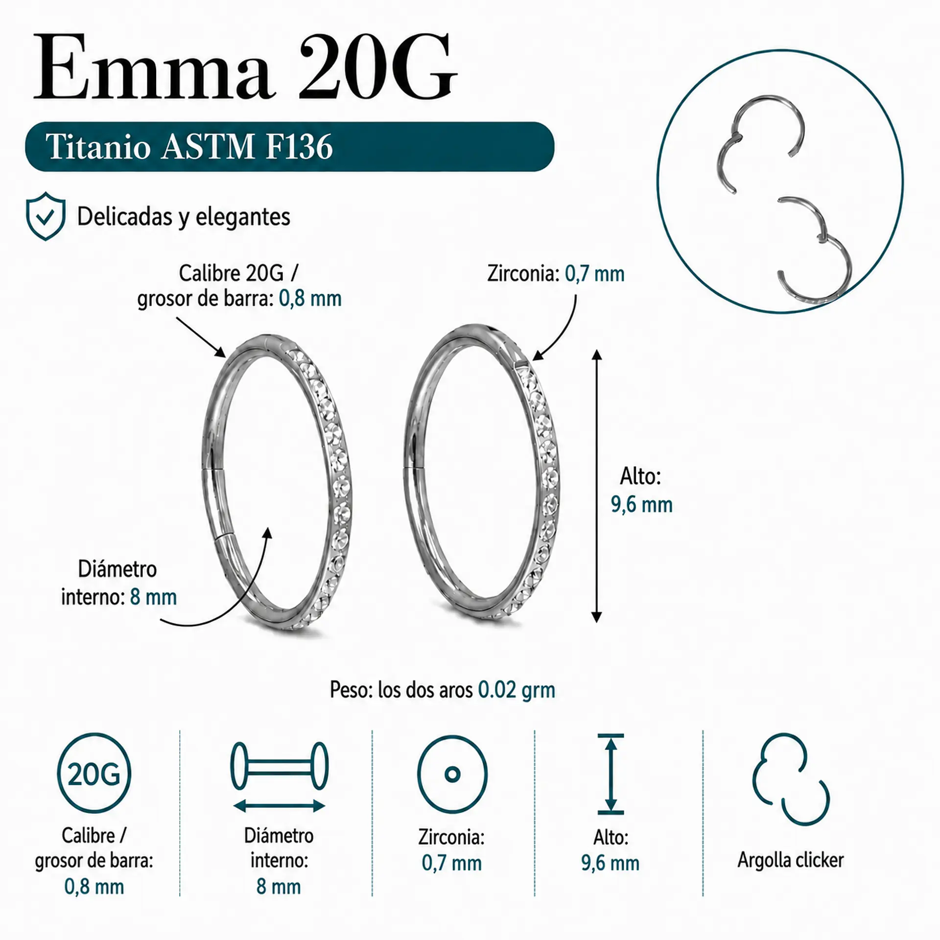 Argollas Emma 20G 8mm zirconias titanio ASTM F136 3