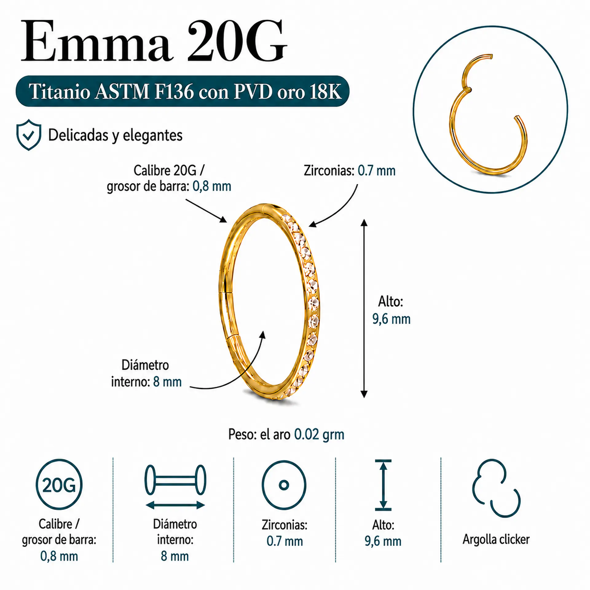 Piercing Argolla Emma 20G 8mm Titanio PVD Oro 18k 5