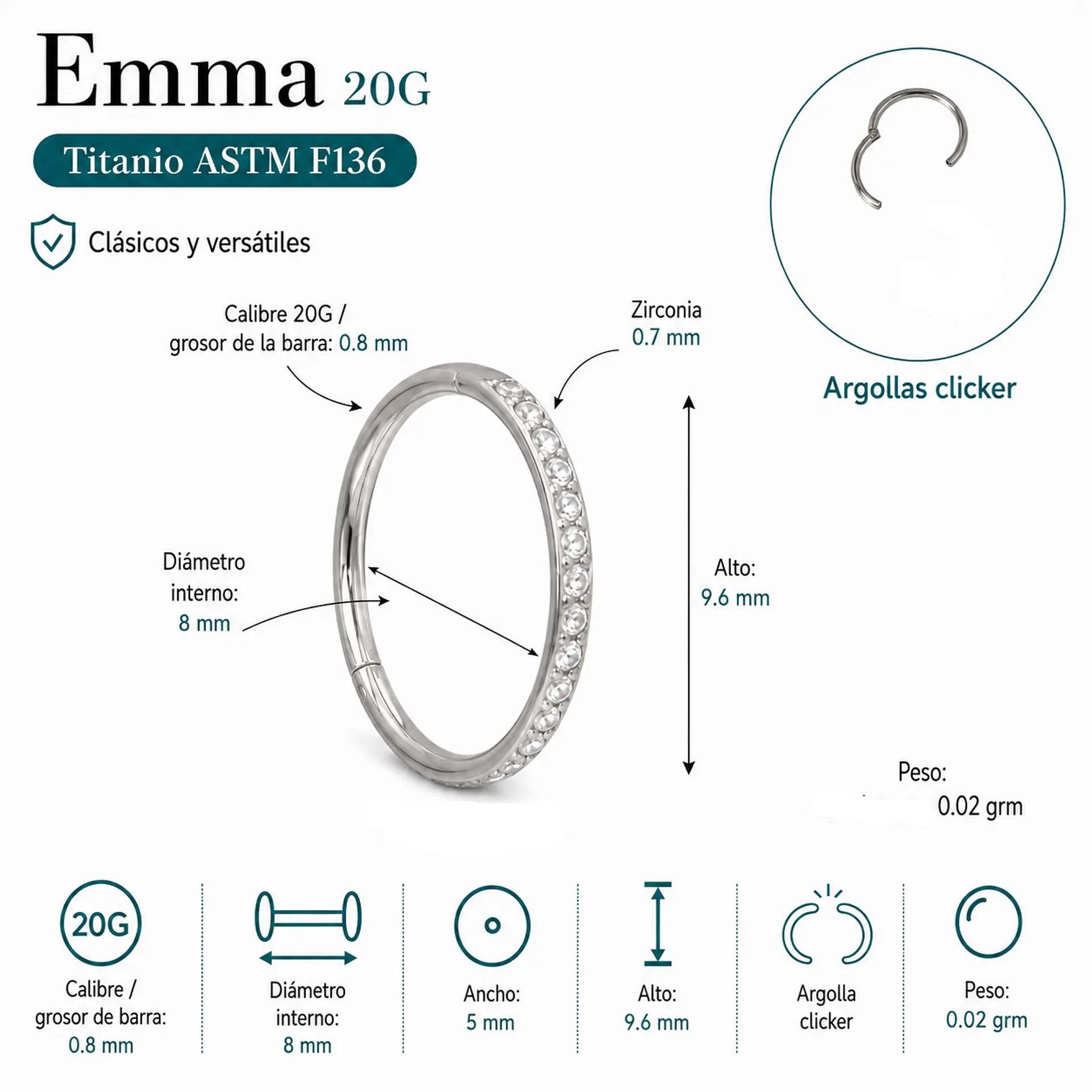 Piercing argolla Emma 20G 8mm Titanio ASTM 136 3