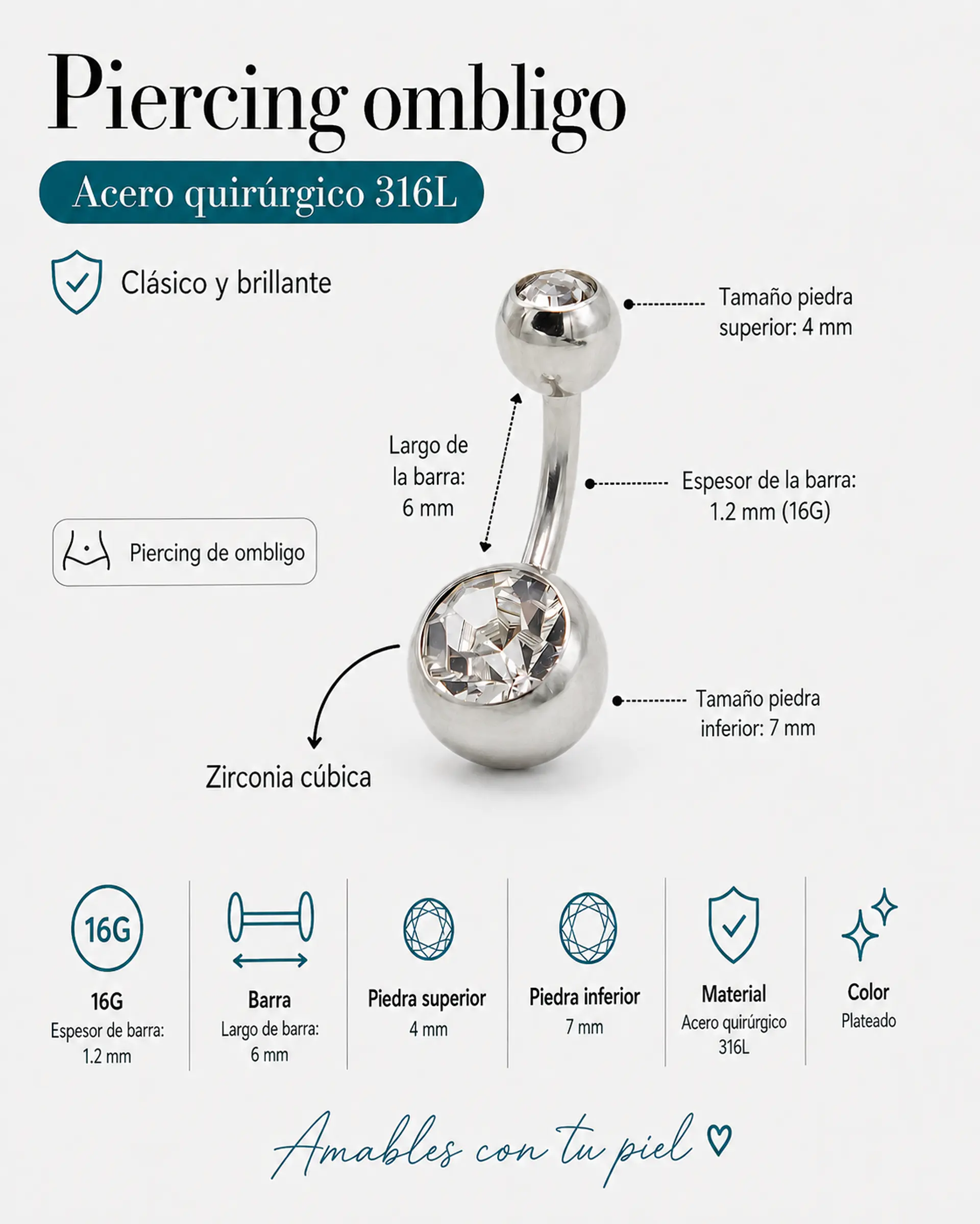 Piercing ombligo navel 6mm acero quirurgico 316L 2