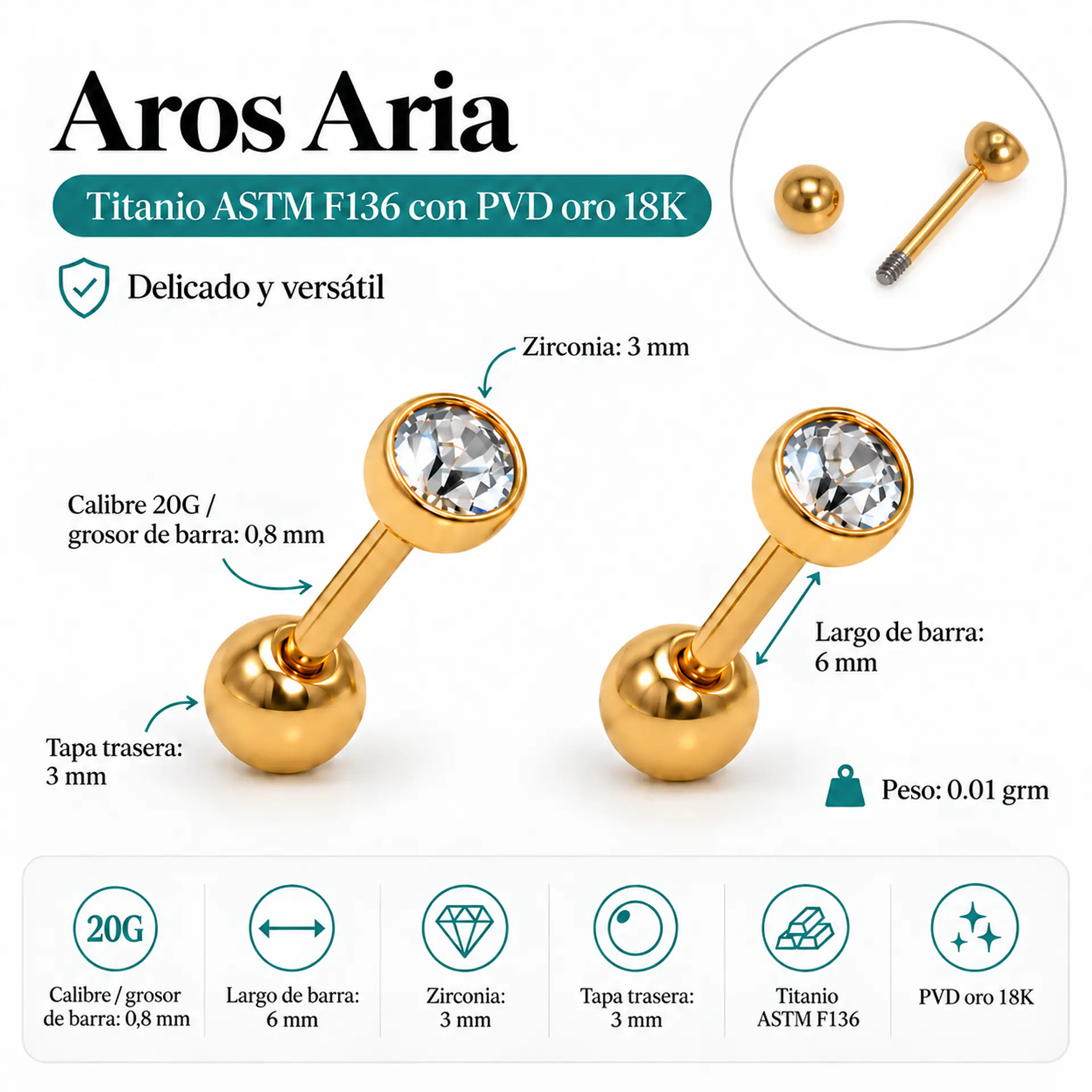 Aros punto de luz Aria 3mm 20G titanio PVD 18k 3