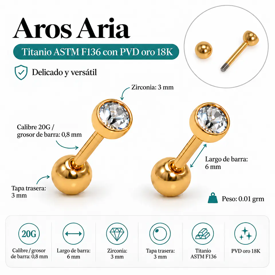 Aros punto de luz Aria 3mm 20G titanio PVD 18k 3