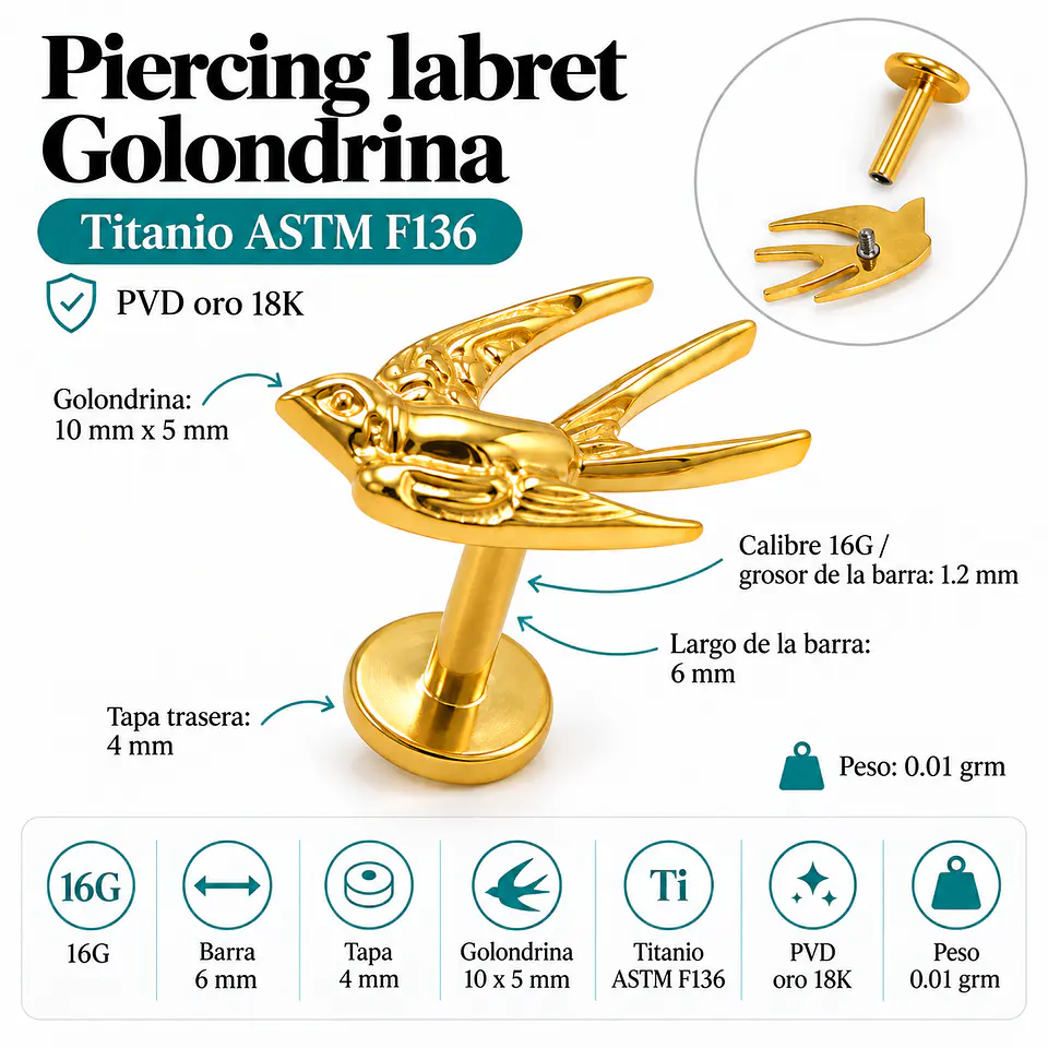 Piercing labret Golondrina 6mm 16G titanio Pvd 18K 8