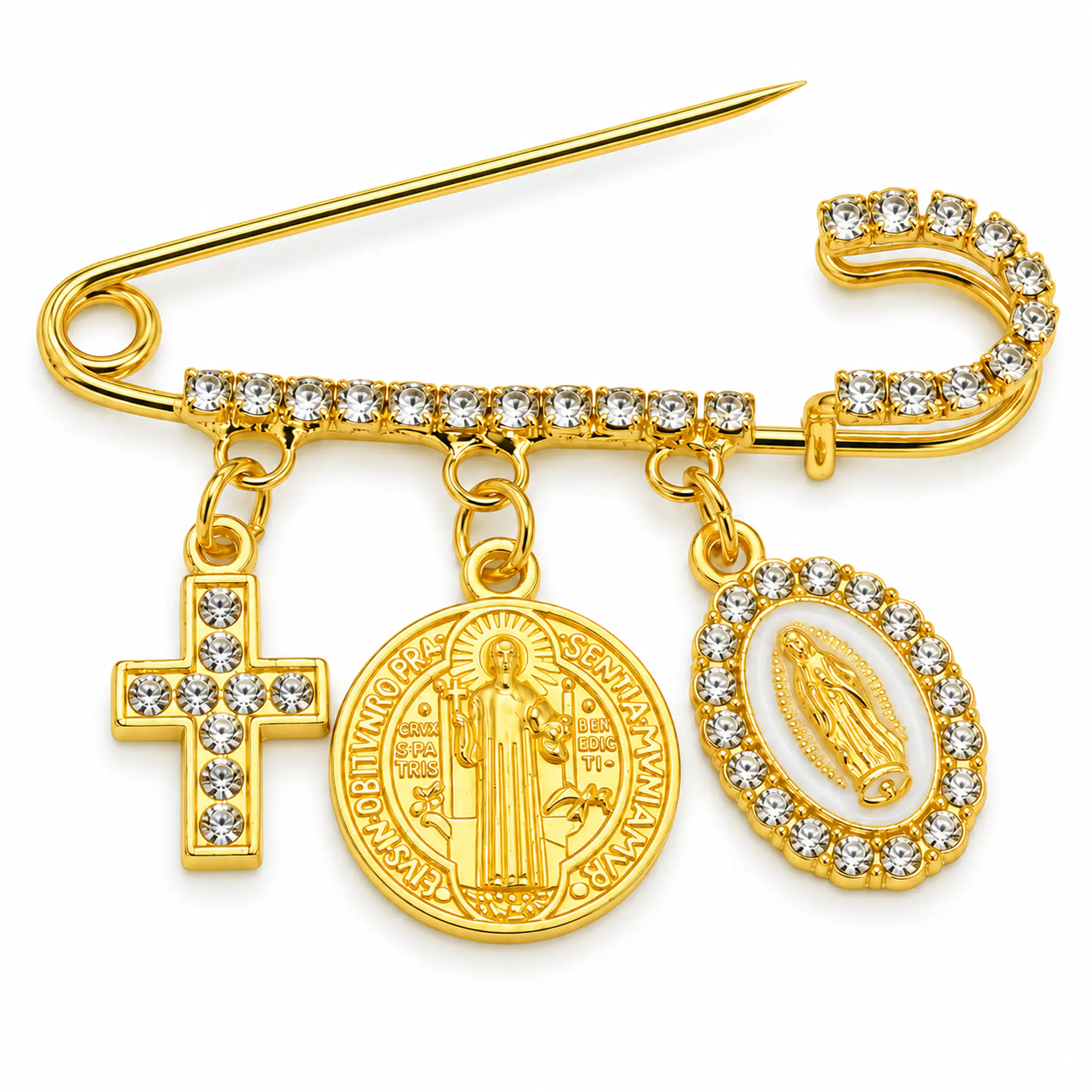 Prendedor Religioso Clara Medallas Zirconias San Benito Virgen Maria 1