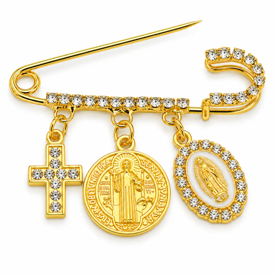 Prendedor Religioso Clara Medallas Zirconias San Benito Virgen Maria 1