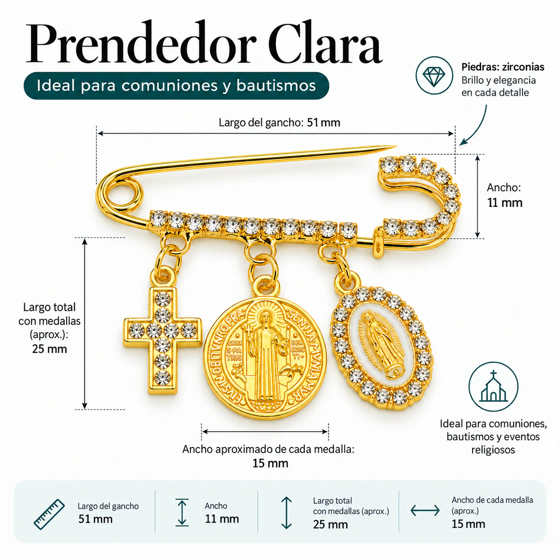 Prendedor Religioso Clara Medallas Zirconias San Benito Virgen Maria 4
