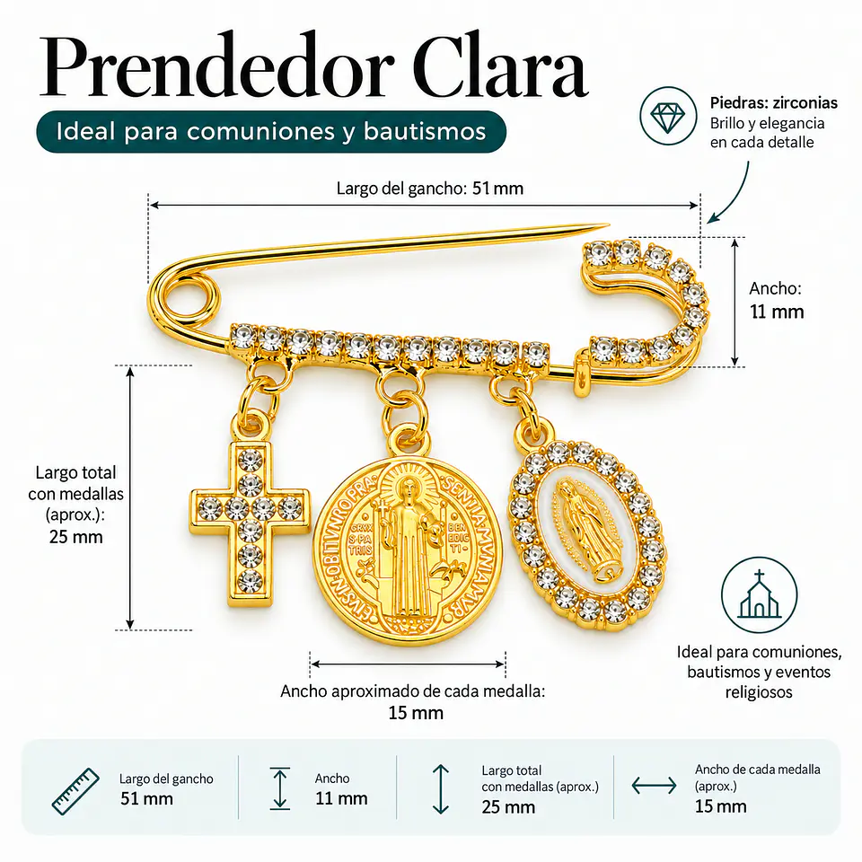 Prendedor Religioso Clara Medallas Zirconias San Benito Virgen Maria 4