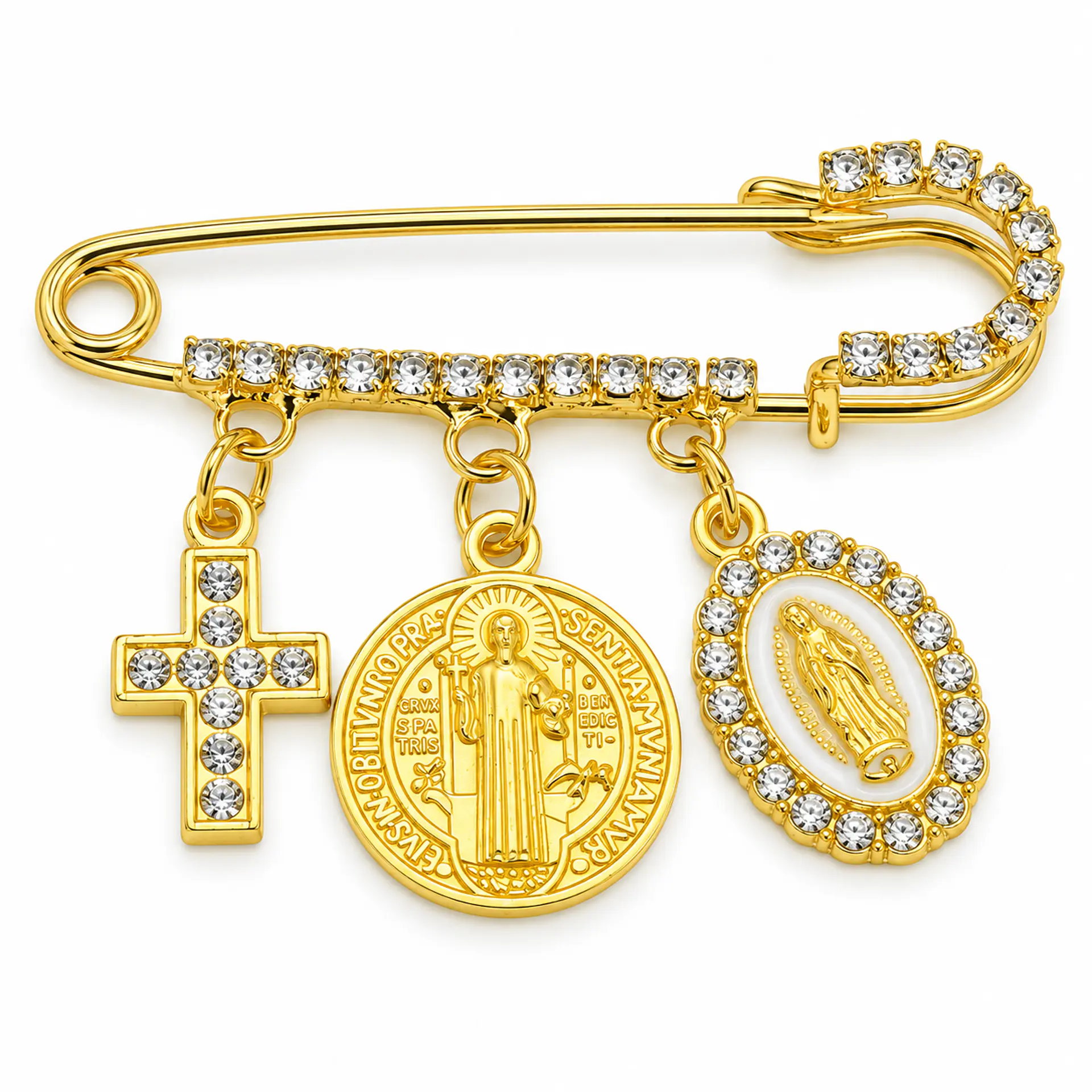 Prendedor Religioso Clara Medallas Zirconias San Benito Virgen Maria 2