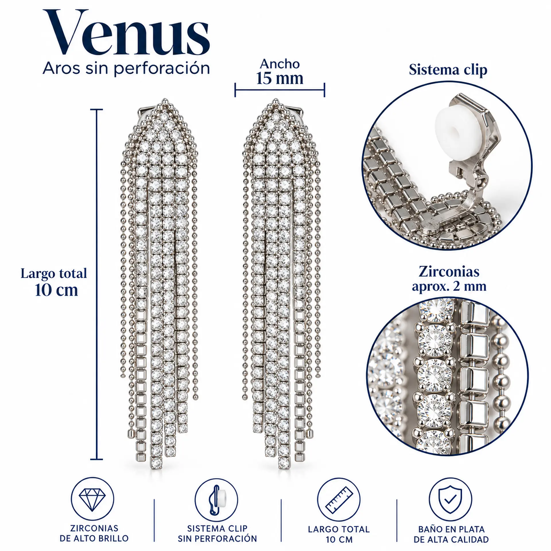 Aros Venus Sin Perforación Clip Zirconias Baño en Plata 2