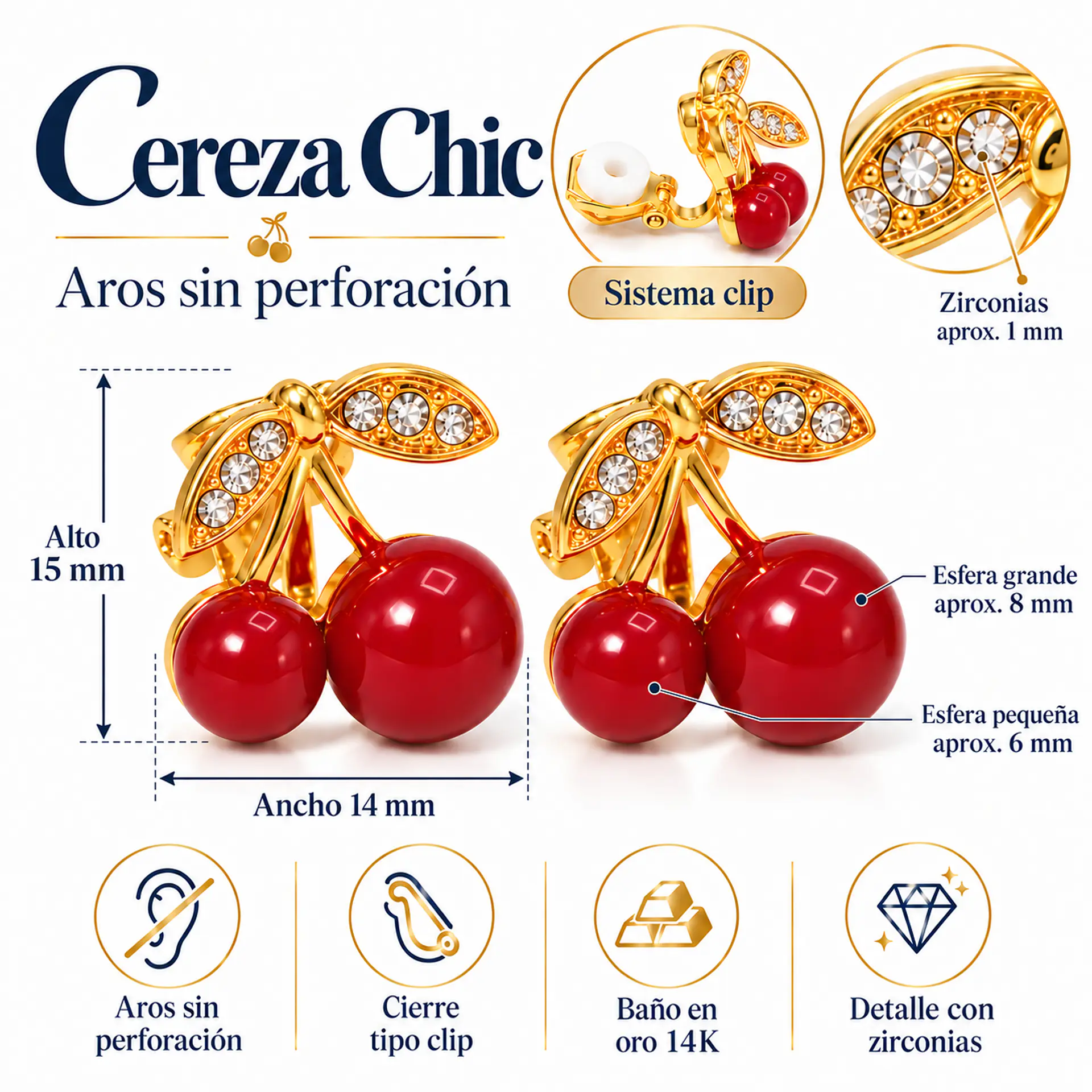 Aros Cereza Chic Sin Perforación Clip Zirconias 3
