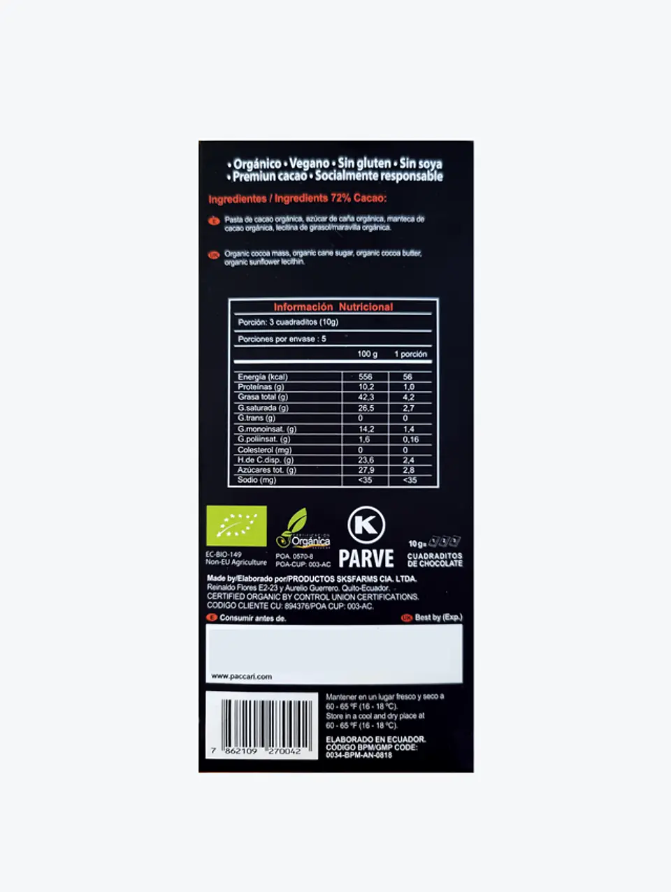 Chocolate Orgánico 72% Los Ríos - Paccari - 50g 2
