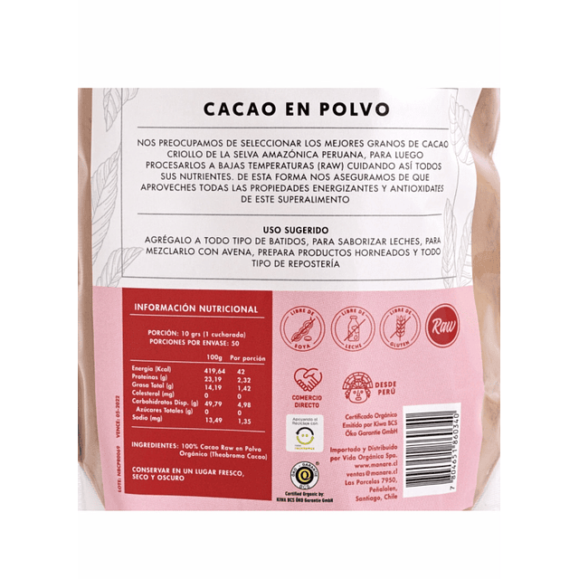 Cacao en polvo Orgánico Raw 500g