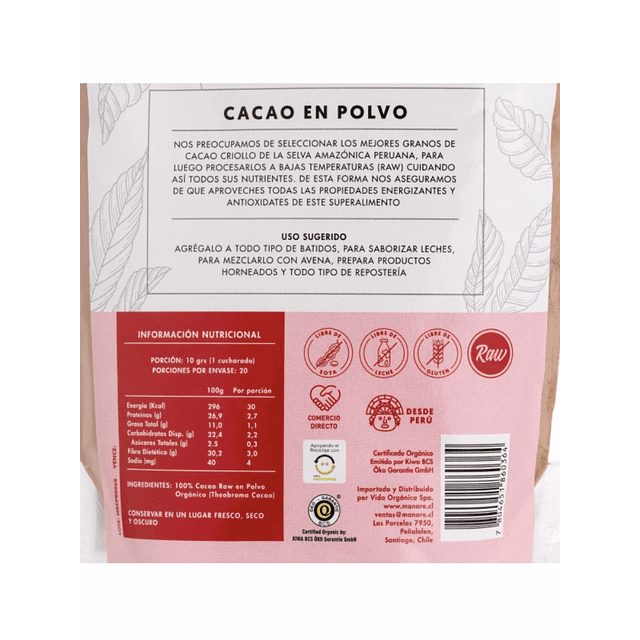 Cacao en polvo Orgánico Raw 200g