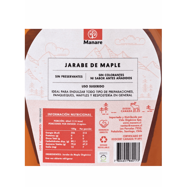 Jarabe de Maple Orgánico Manare 250 ml 🍁