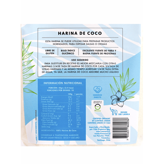 Harina de Coco Orgánica  Manare 500g 🥥 