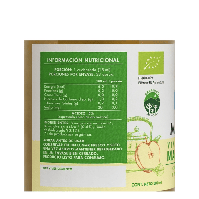 Vinagre de Manzana con Limón y Té Matcha y Orgánico 500ml