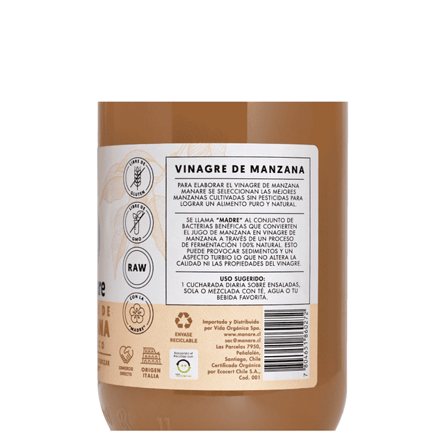 Vinagre de Manzana Orgánico Manare 500ml