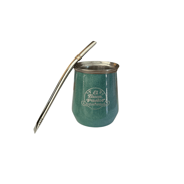 Mate Acero Inoxidable Verde Agua con Bombilla El Buen Pastor