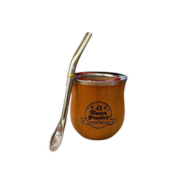 Mate Barrilito de Madera Algarrobo mas Bombilla El Buen Pastor