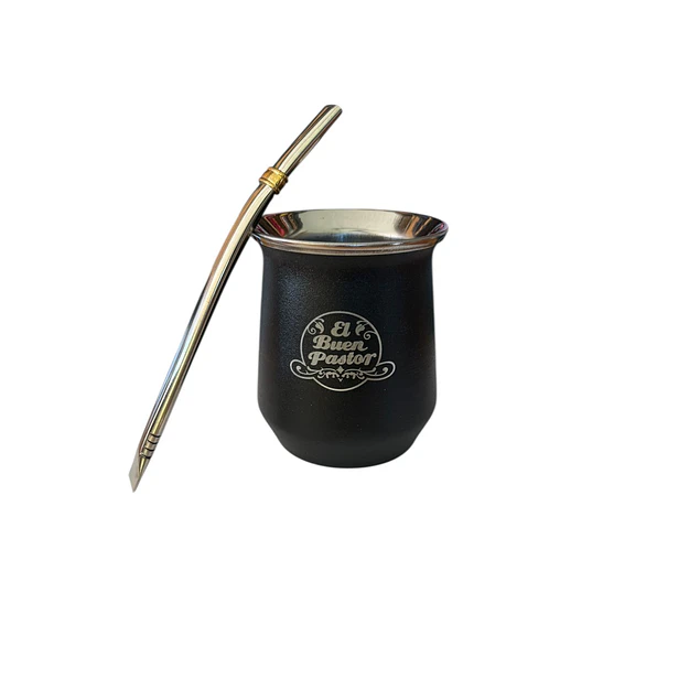 Mate Acero Inoxidable Negro con Bombilla El Buen Pastor