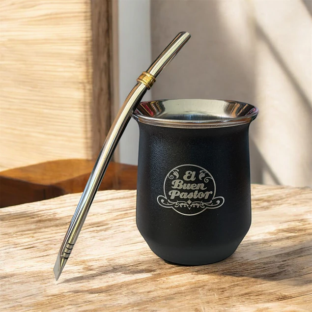 Mate Acero Inoxidable Negro con Bombilla El Buen Pastor