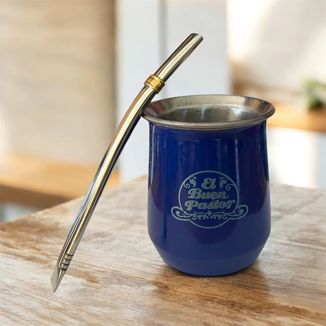 Mate Acero Inoxidable Azul con Bombilla El Buen Pastor