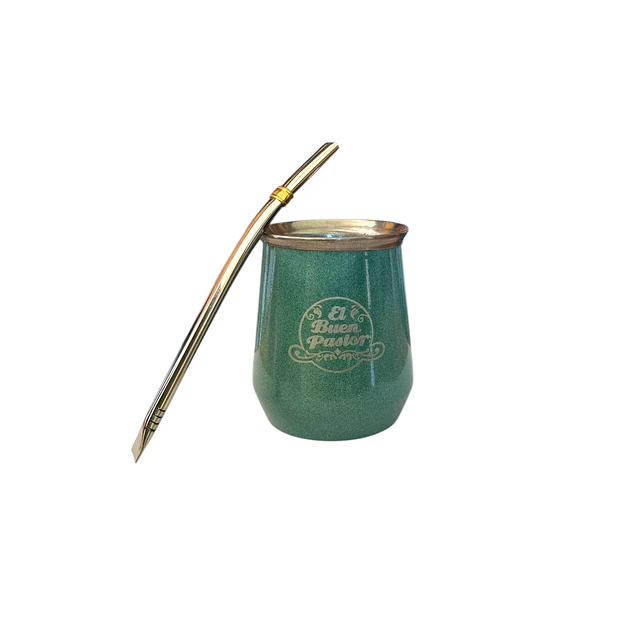 Mate Acero Inoxidable Verde Agua con Bombilla El Buen Pastor